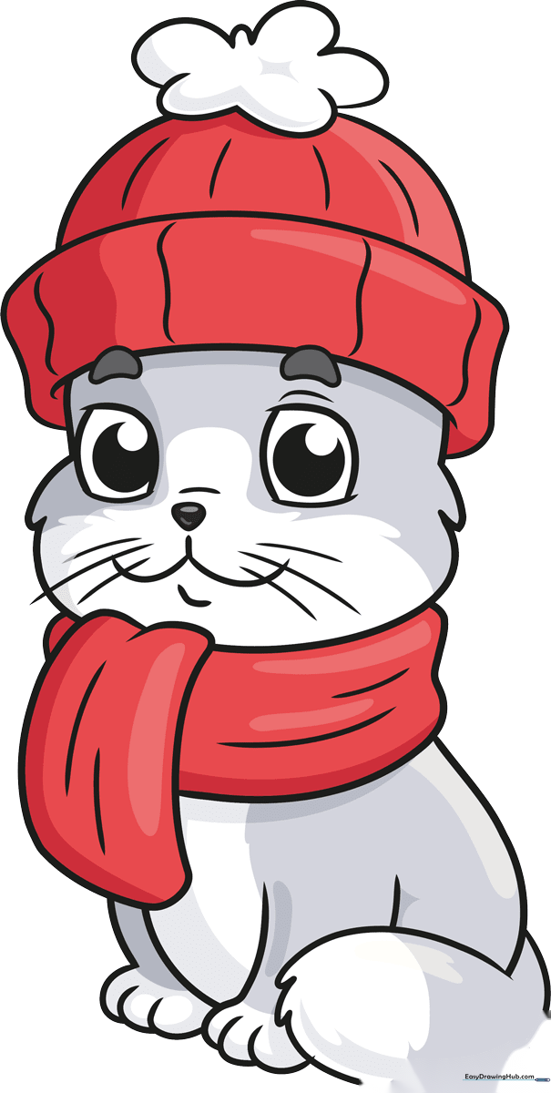 A colorful, finished illustration of a cute cat dressed in a winter hat and scarf.