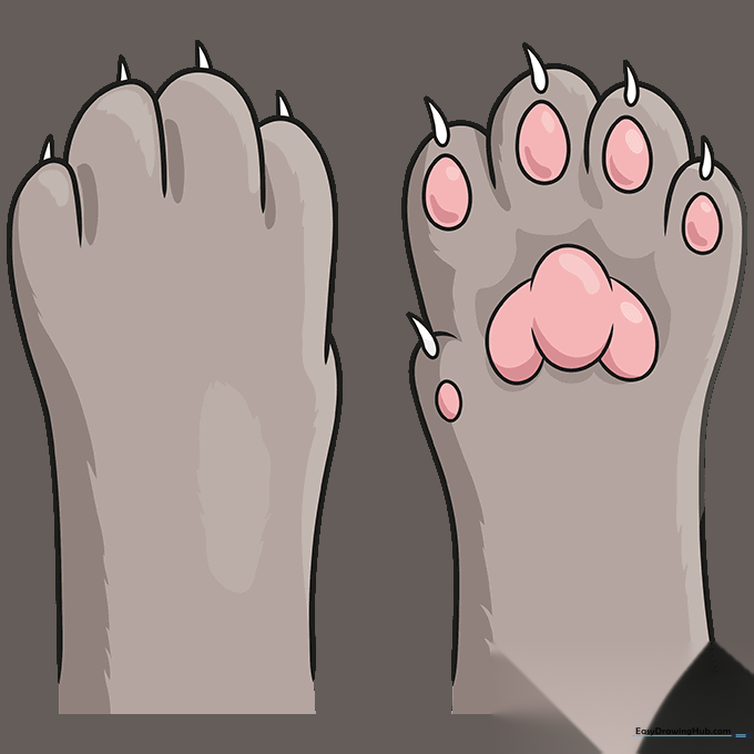 Finished cat paw drawing with clean outlines, soft brown fur coloring, and pink toe pads.