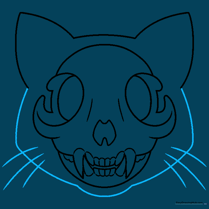 Adding final facial details and whiskers to the cat skull.