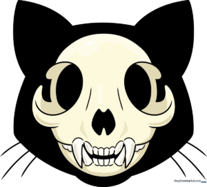 Completed cartoon cat skull drawing, colored in shades of bone-white.