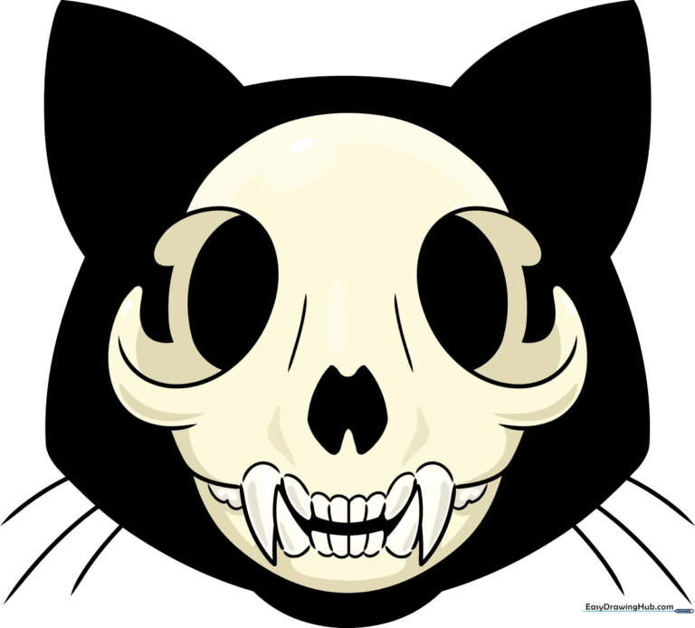 Completed cartoon cat skull drawing, colored in shades of bone-white.