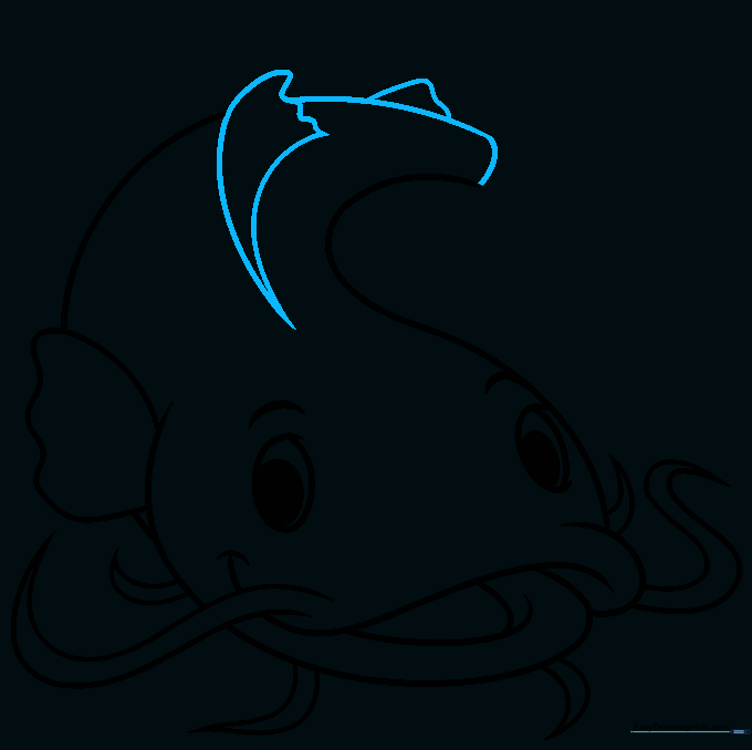 Adding the dorsal fin on the top of the catfish back using a V-shape and wavy line.
