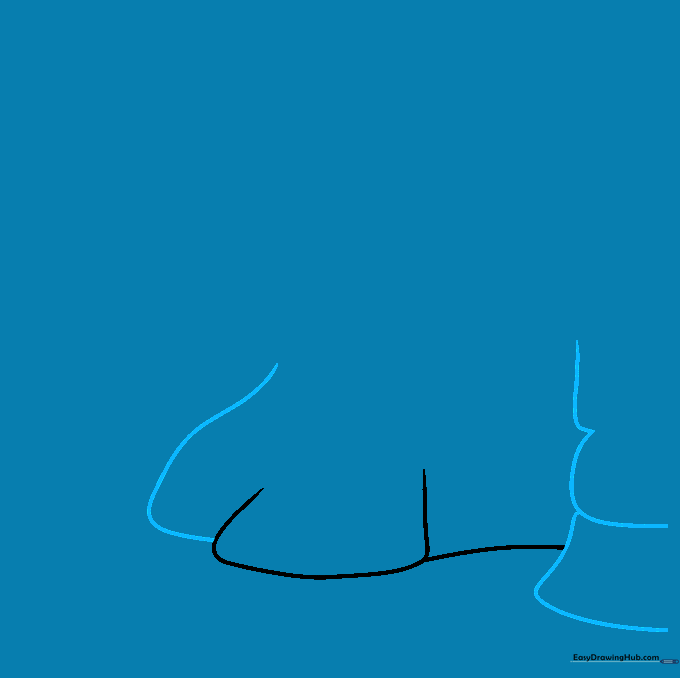 Drawing showing the two side walls of the cave entrance taking shape with curved lines.
