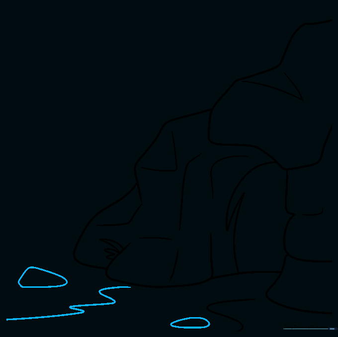 Drawing a winding path and scattered stones leading away from the cave entrance.
