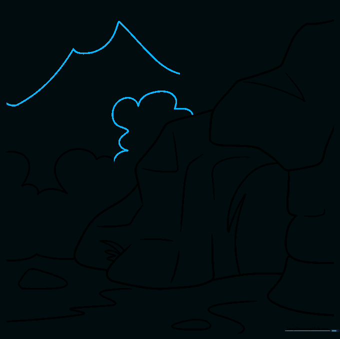 Sketching large, pointed mountain peaks behind the treeline.