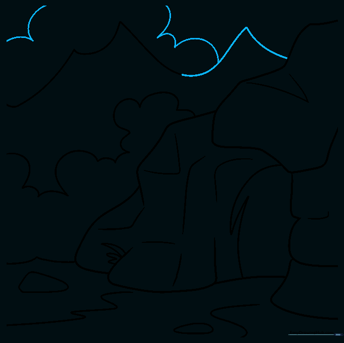 Completing the mountain range and adding fluffy clouds to the sky.