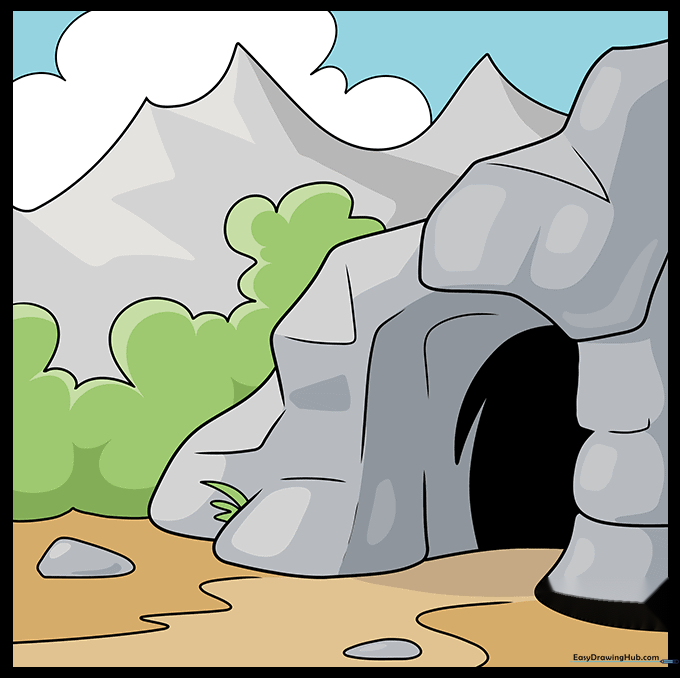 A finished, colorful drawing of a cave landscape with mountains, trees, and a path.