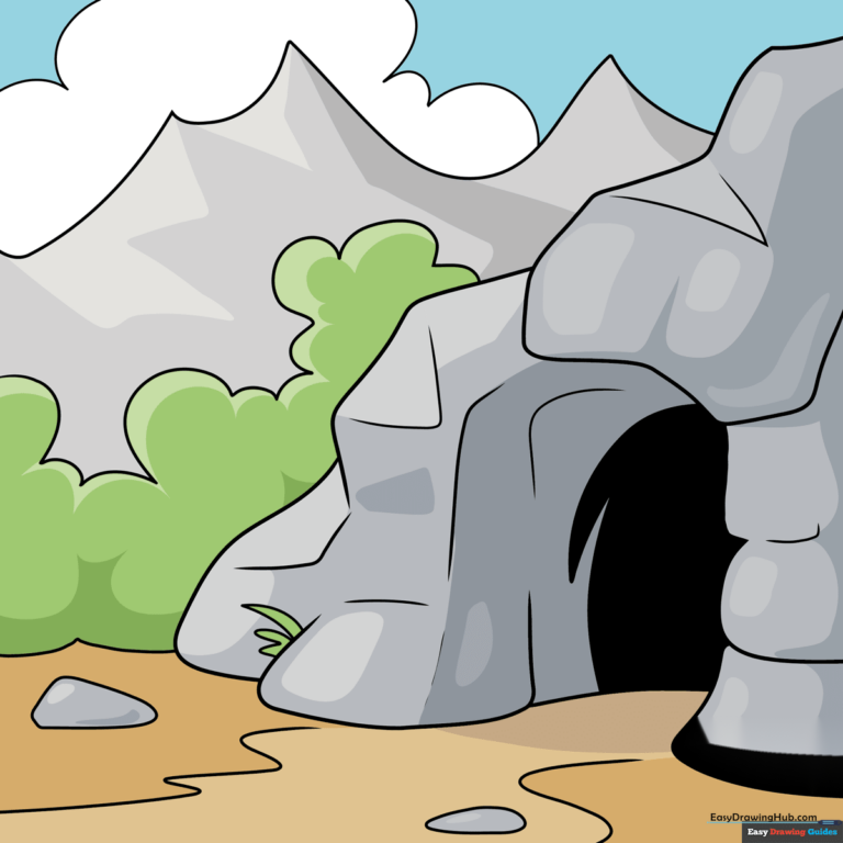 Colorful, completed illustration of a mountain cave landscape.
