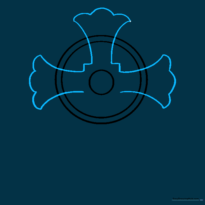 Drawing the horizontal cross arms with curved, flared lines and scalloped edges.