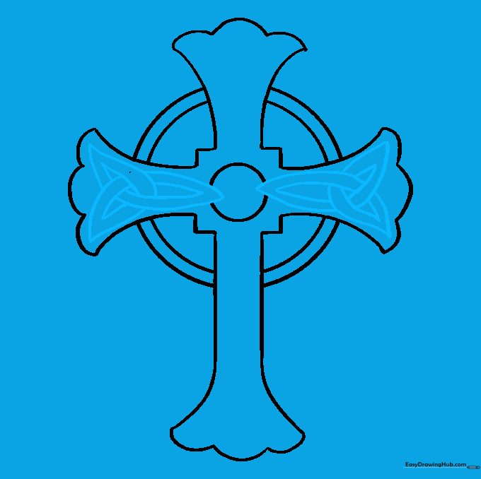 Adding teardrop-shaped knotwork patterns inside the horizontal arms.