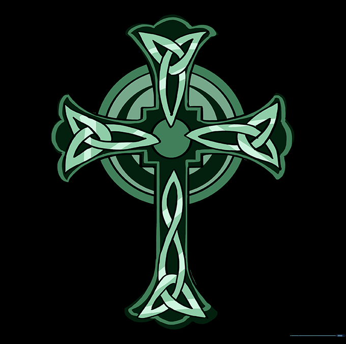 The finished, colored Celtic cross drawing with detailed knotwork.