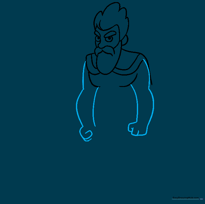 Sketching the arms and blocky hand shapes for the warrior.