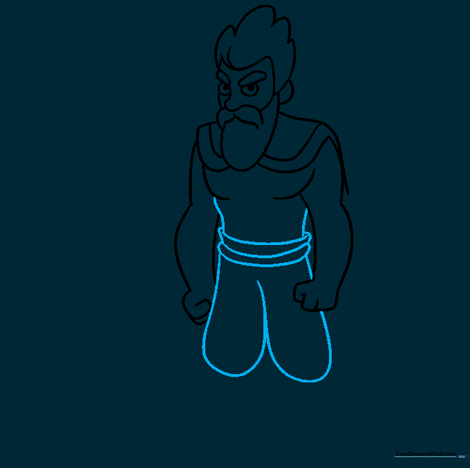 Drawing the belt and the outline of the warrior's legs.