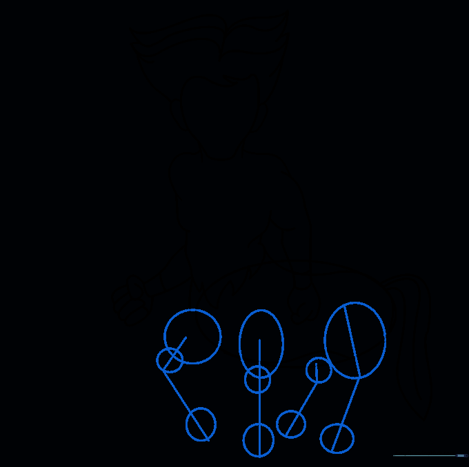 Sketching the leg structure using ovals for joints and straight lines for alignment.