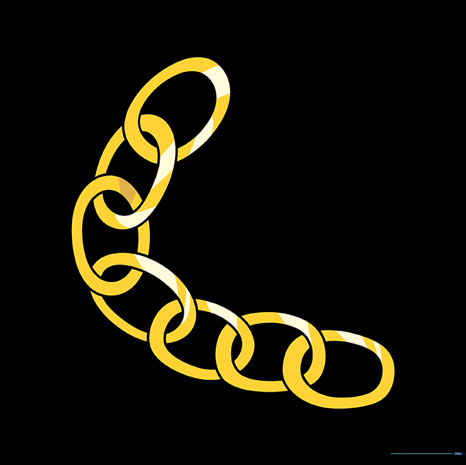 A finished chain drawing with shading applied to create a metallic effect.