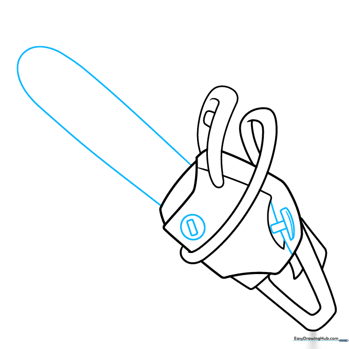 Drawing the long chainsaw blade and the starter pull-cord.
