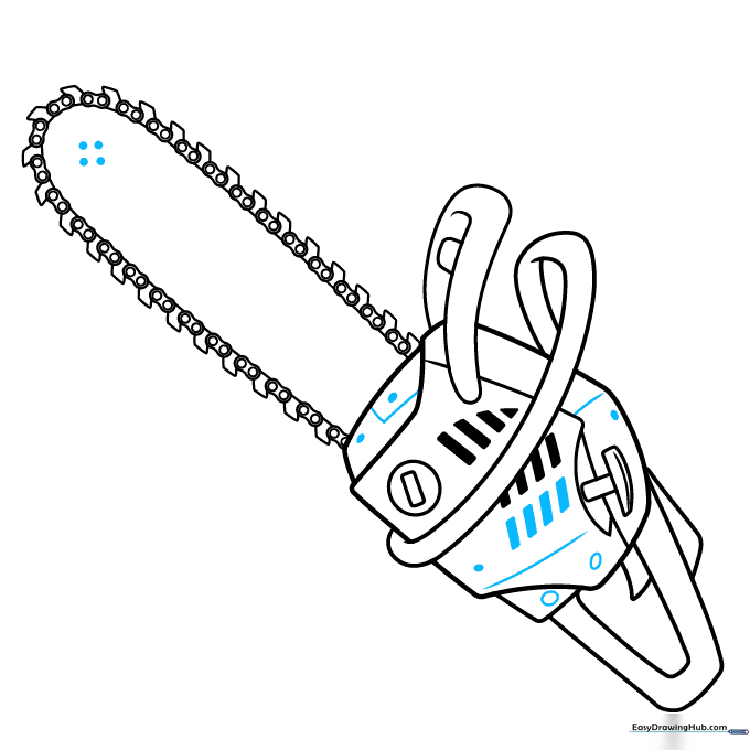 Adding final mechanical details, bolts, and shading to the chainsaw drawing.