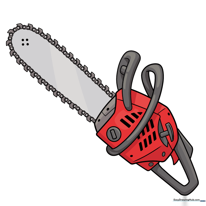 A fully colored, finished chainsaw drawing with orange body and metallic blade.