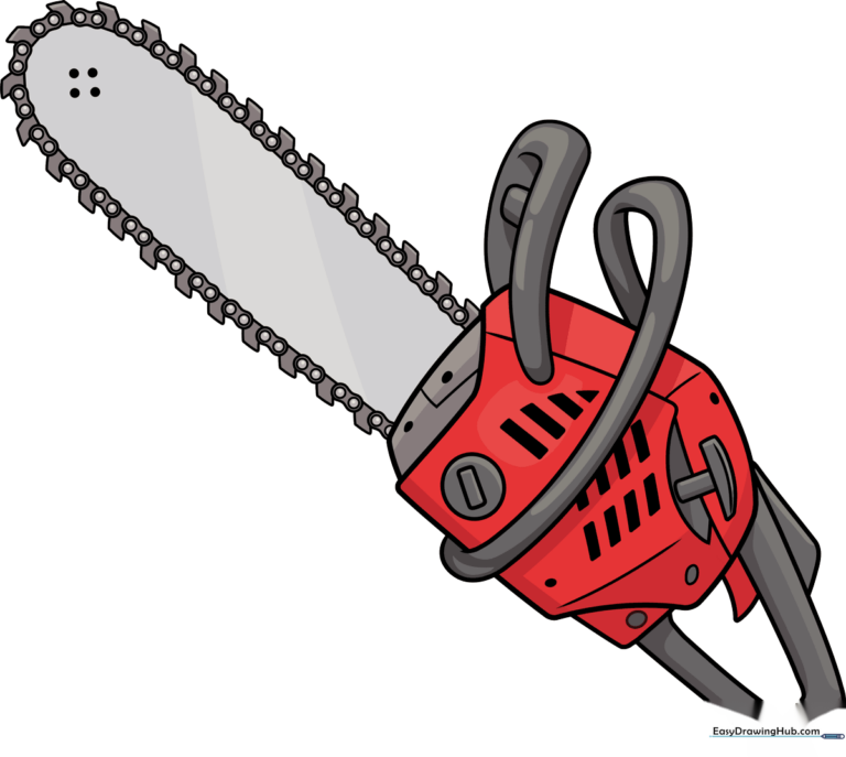 A vibrant, finished cartoon chainsaw drawing, perfect for kids to learn from.