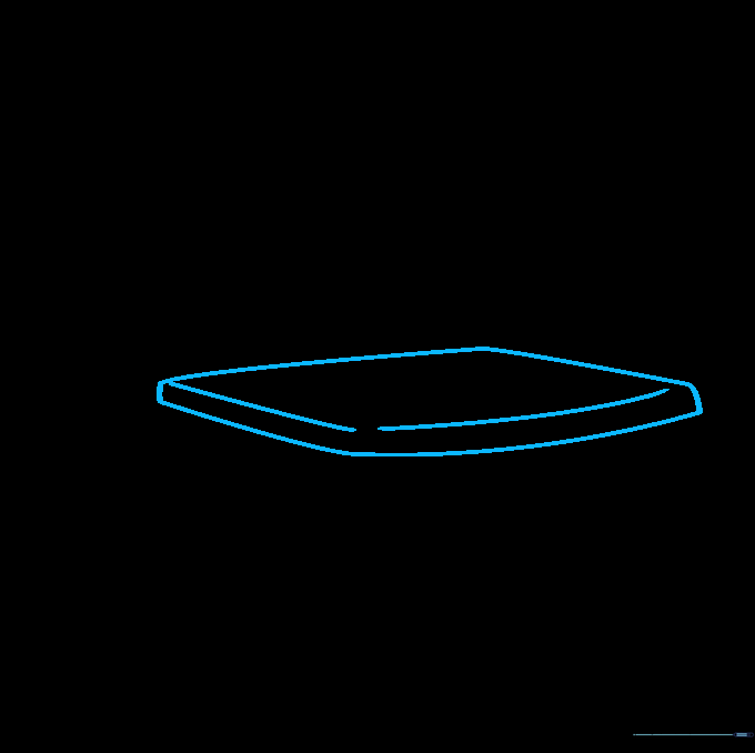 A light pencil sketch of a rounded parallelogram representing the seat of a chair.