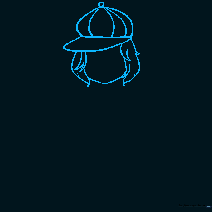 Pencil sketch showing the initial outline of a cheerleader's head, hat, and hair locks.