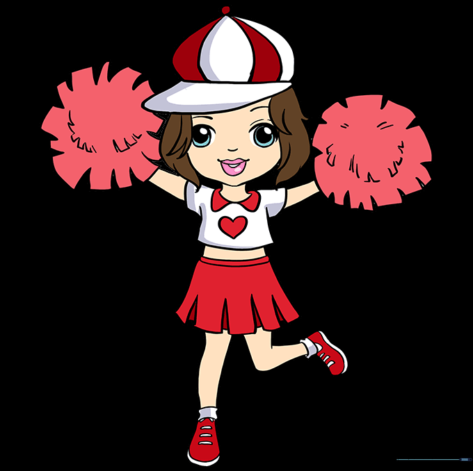 The finished, colored cheerleader drawing.