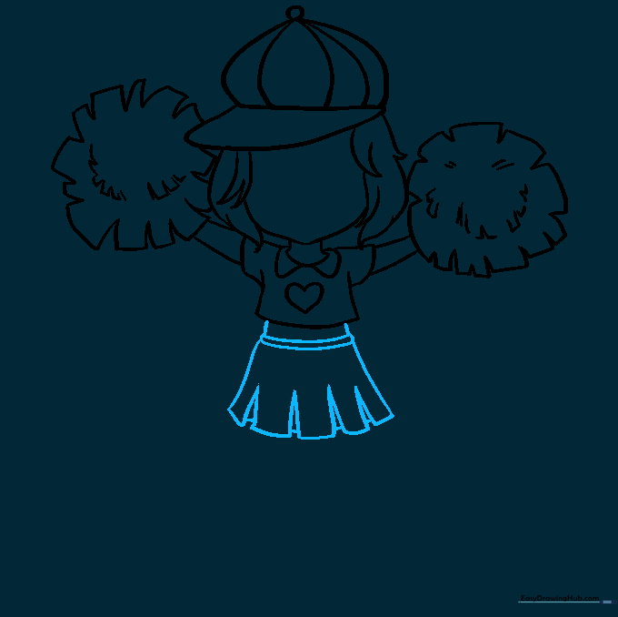 Sketching the pleated skirt of the cheerleader with a hemline detail.