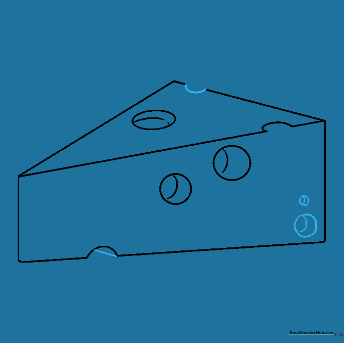 The completed line art of a cheese wedge with multiple holes.