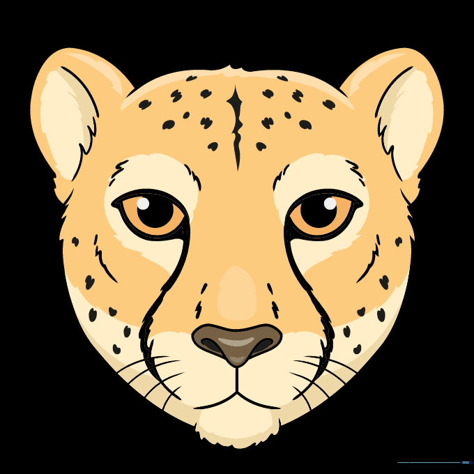 A fully colored cheetah face with tan fur and black spots.