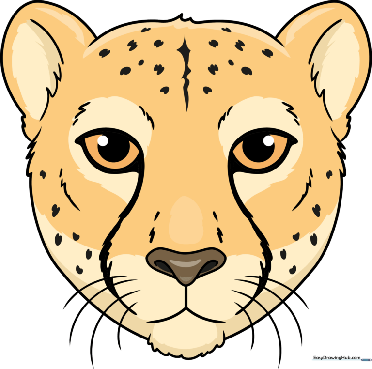Finished, colorful drawing of a friendly cheetah face.
