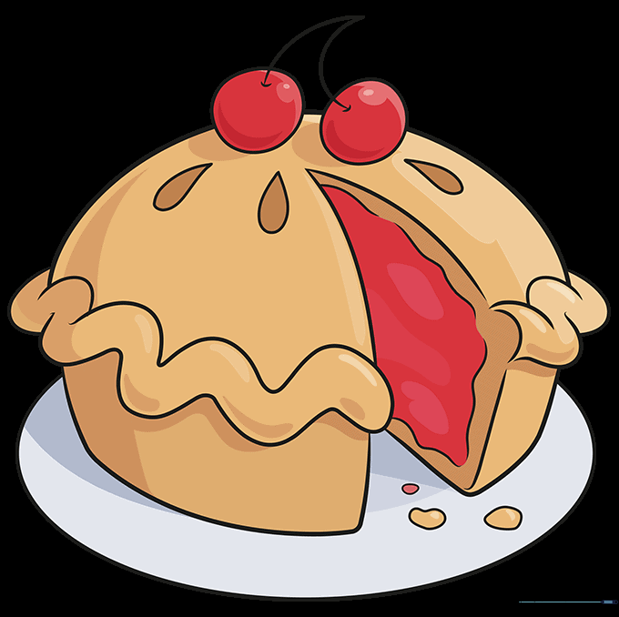 The finished, colored drawing of a cherry pie on a plate.