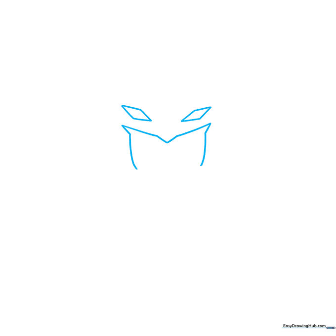 Pencil sketch showing two diamond-shaped eyes and an M-shaped mask outline for a Chibi Batman drawing.