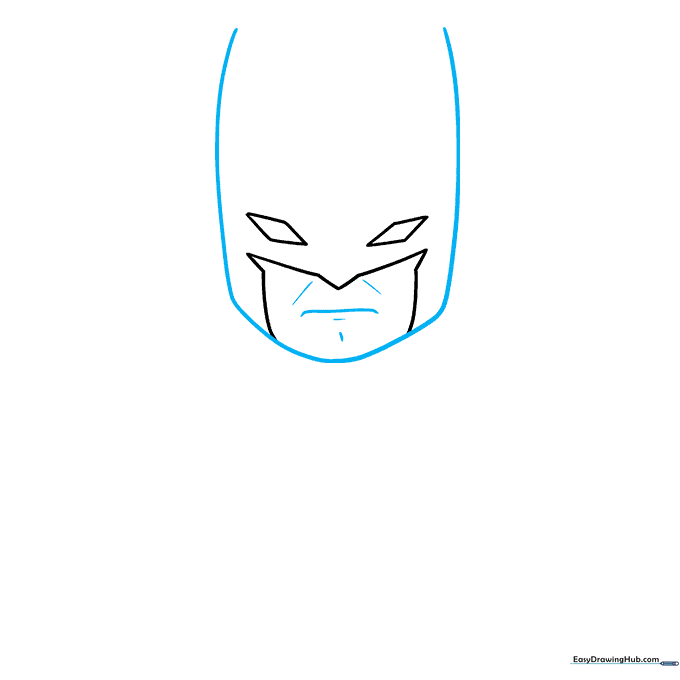 Drawing the rounded head shape and a small mouth line for the Chibi Batman character.