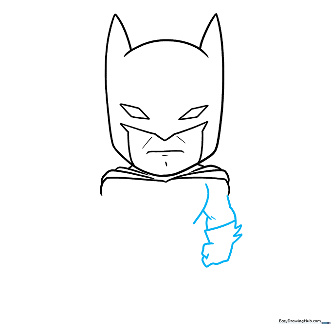 Drawing the first arm with a gloved hand and small spikes on the forearm.