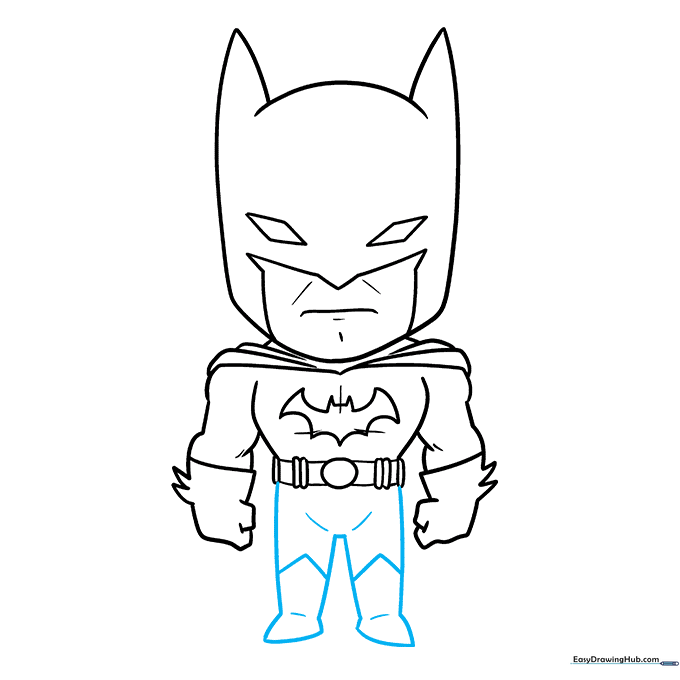 Drawing the legs and boot lines to finish the lower body of the character.