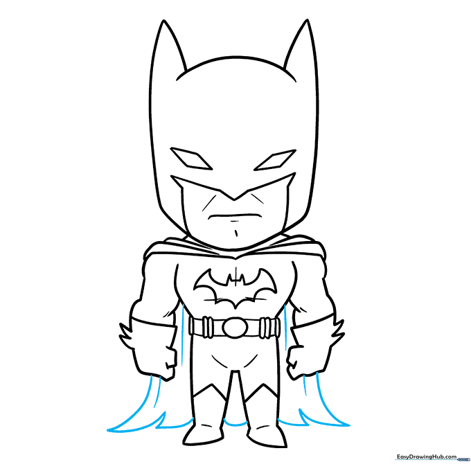 Completing the drawing by adding the final flowing cape details.