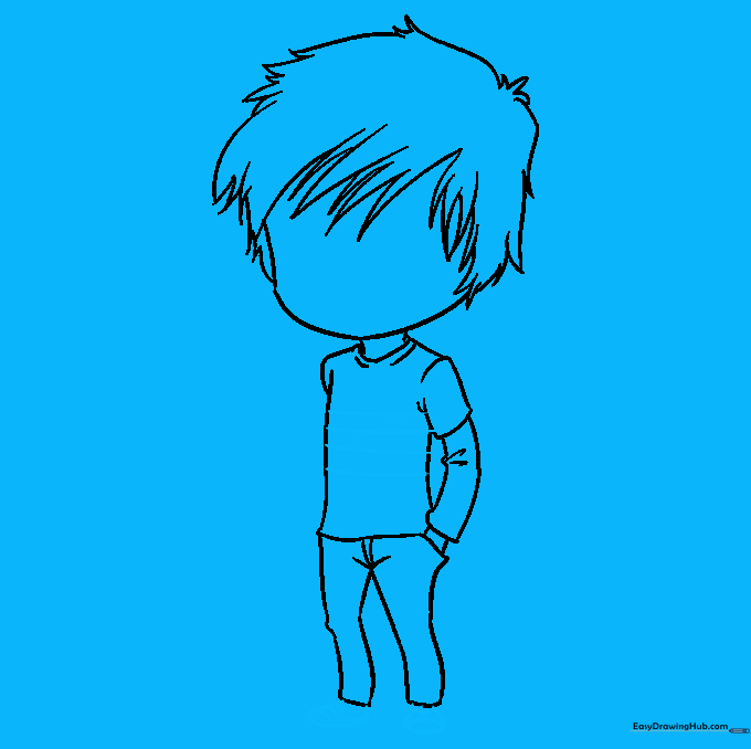 Adding shirt stripes and sneakers to the chibi boy drawing.