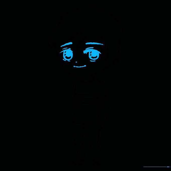 Adding the facial features, including large anime eyes and a simple mouth.