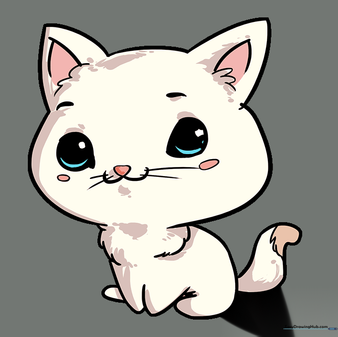 The finished chibi cat drawing, fully colored with bright, vibrant tones.