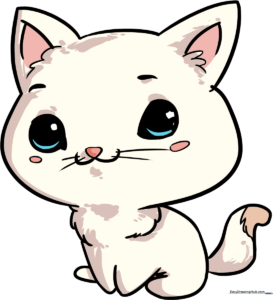 A colorful, finished illustration of an adorable chibi cat, showcasing the final result of the tutorial.