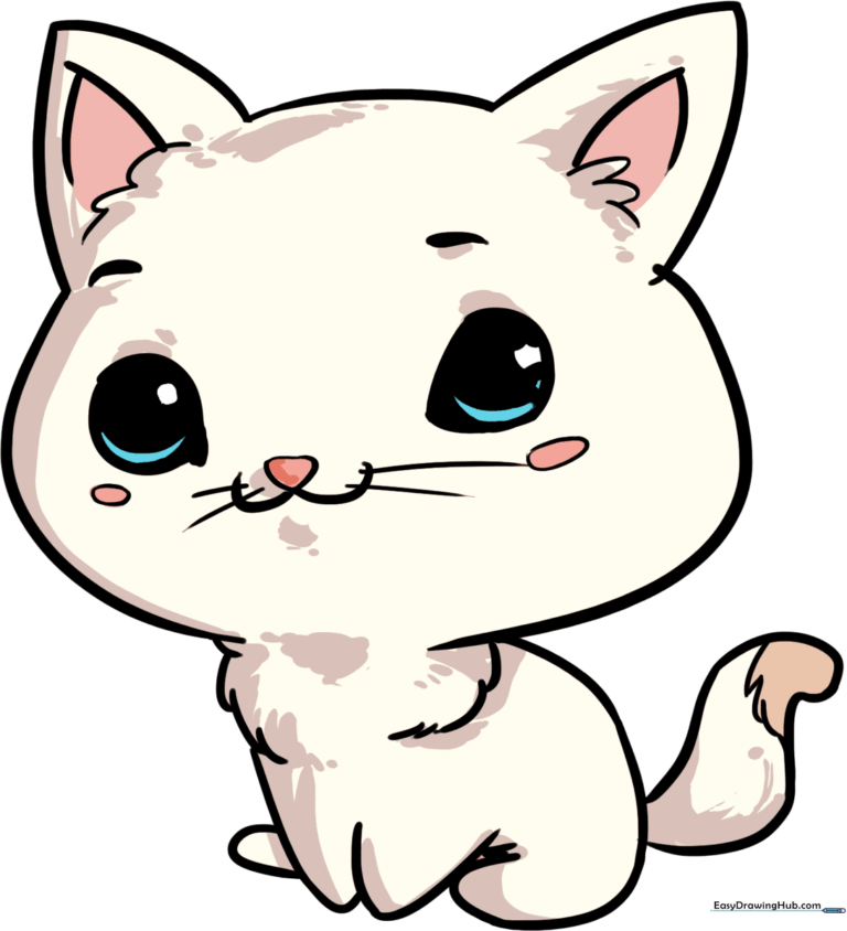 A colorful, finished illustration of an adorable chibi cat, showcasing the final result of the tutorial.