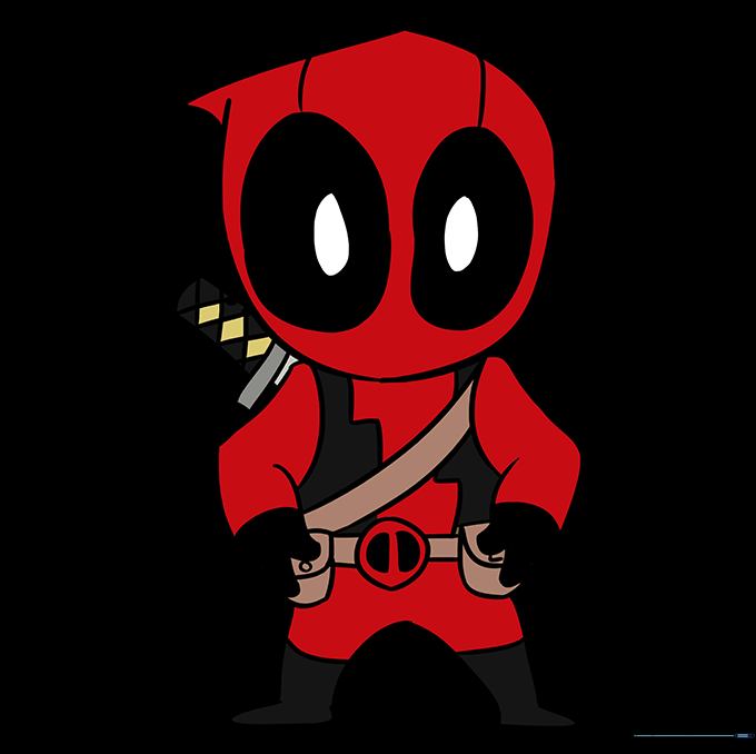 The final colored Chibi Deadpool drawing with red and black costume details.