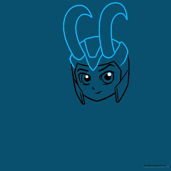 Drawing the large, curved horns on top of Loki's helmet.