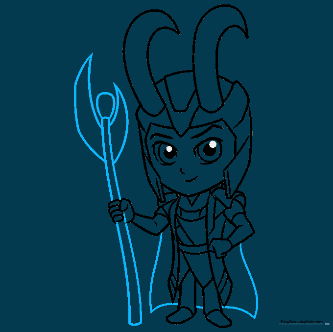 Drawing the cape and the signature staff held by Loki.