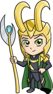 A colorful, finished illustration of a cute Chibi Loki character.