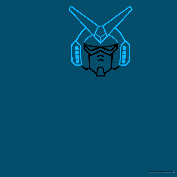 Line drawing of the Gundam head armor, showing the V-shaped crest and rectangular side panels.