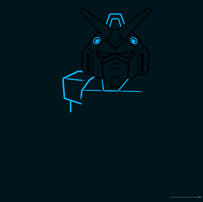 Sketch showing the addition of the neck, shoulder armor, and circular ear details to the Gundam head.
