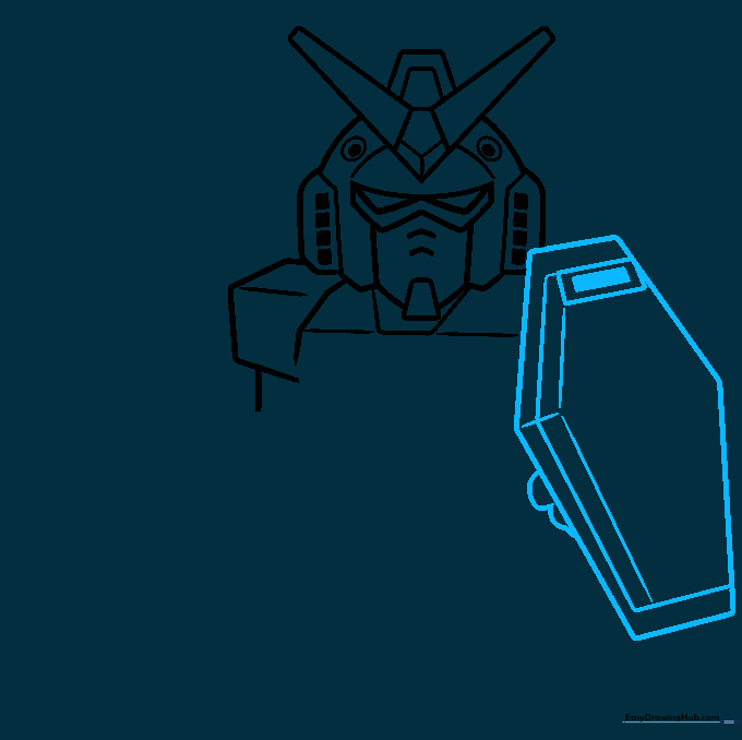Drawing of the Gundam's shield, featuring a hexagonal shape and a simple hand outline.