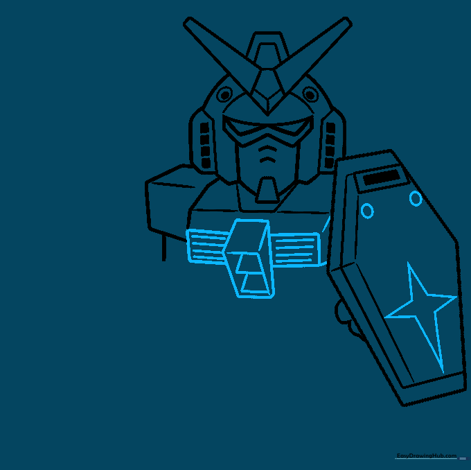 Detailed view of the Gundam chest and shield, showing the addition of a star emblem and armor plating.