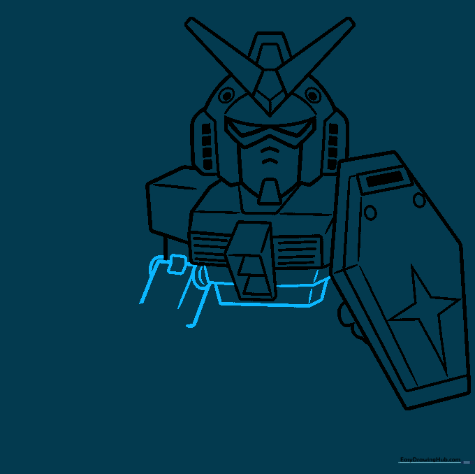 Sketch of the Gundam torso and arm, emphasizing the rectangular segments and elbow joint.